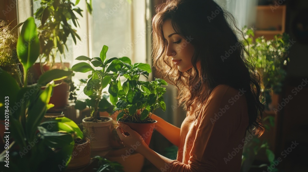 Woman Holding a Plant by Window Woman Holding a Plant by Window