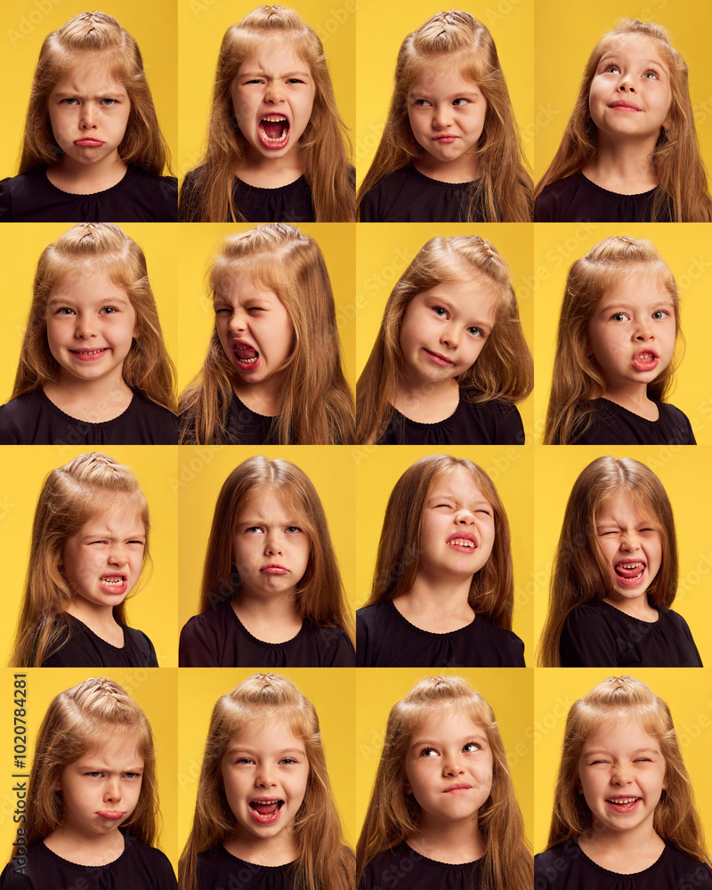 Collage of various facial expressions. Girl, from pouting to smiling, showing entire range of emotions, from anger to happiness against vibrant yellow background. Concept of human emotions, reaction. Collage of various facial expressions. Girl, from pouting to smiling, showing entire range of emotions, from anger to happiness against vibrant yellow background. Concept of human emotions, reaction.