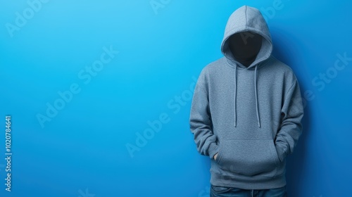 Hooded figure standing against blue background