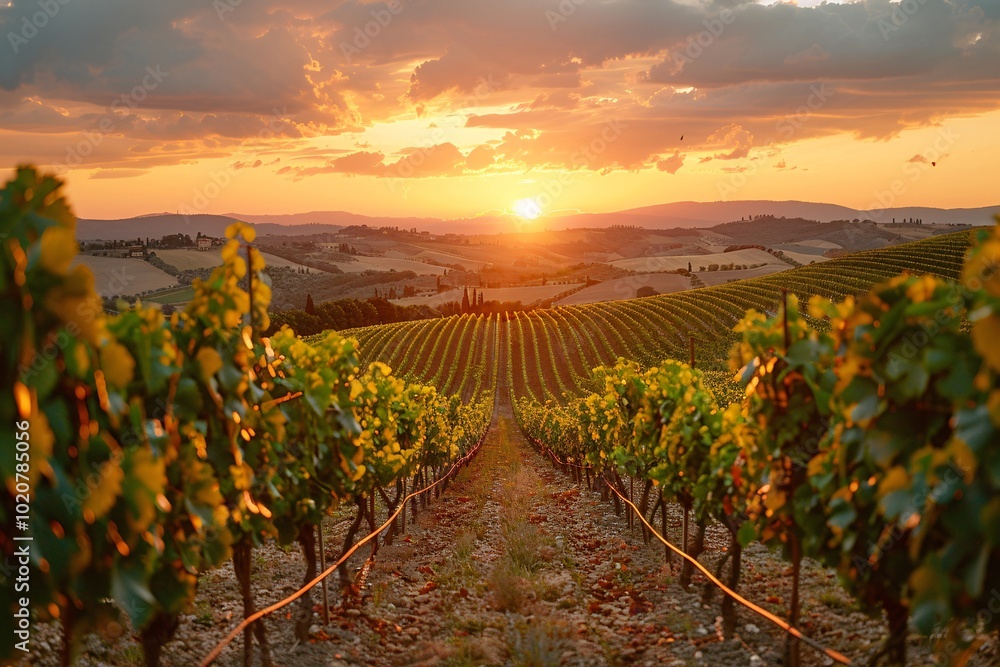 Naklejka premium As the sun sets over the sprawling vineyards of Tuscany, rows of grapevines stretch into the horizon, illuminated by the warm glow of the evening light, creating a picturesque landscape