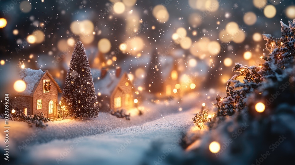 Naklejka premium A snow-covered Christmas scene with glowing lights and festive decorations, capturing the happiness and new beginnings of the holiday season.
