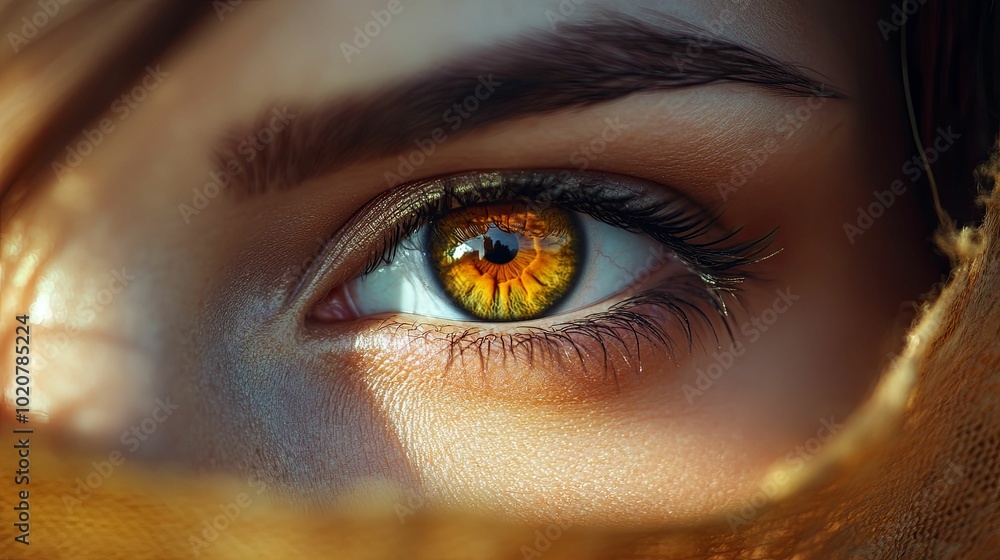 Close-up of a Woman's Eye with Golden Iris and Eyelashes Close-up of a Woman's Eye with Golden Iris and Eyelashes