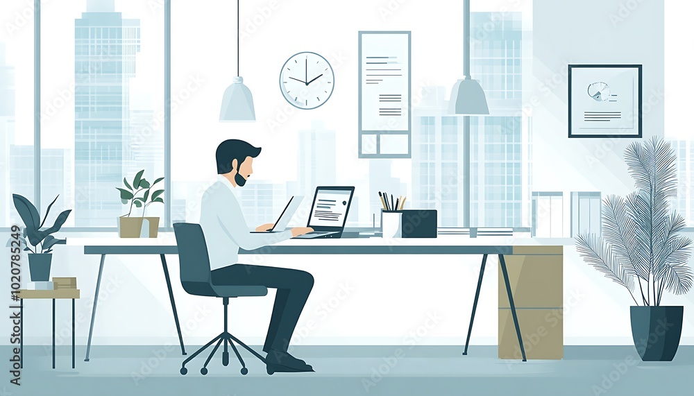 Man working on laptop in modern office with city view Man working on laptop in modern office with city view