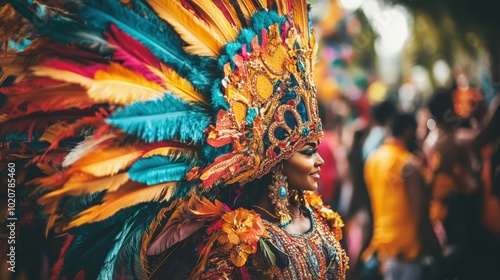 colorful feathered costume at carnival parade