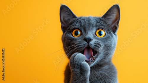 Cute surprised and shocked cat. The pet is covering its open mouth with a paw. Funny portrait of astonished animal on yellow background.