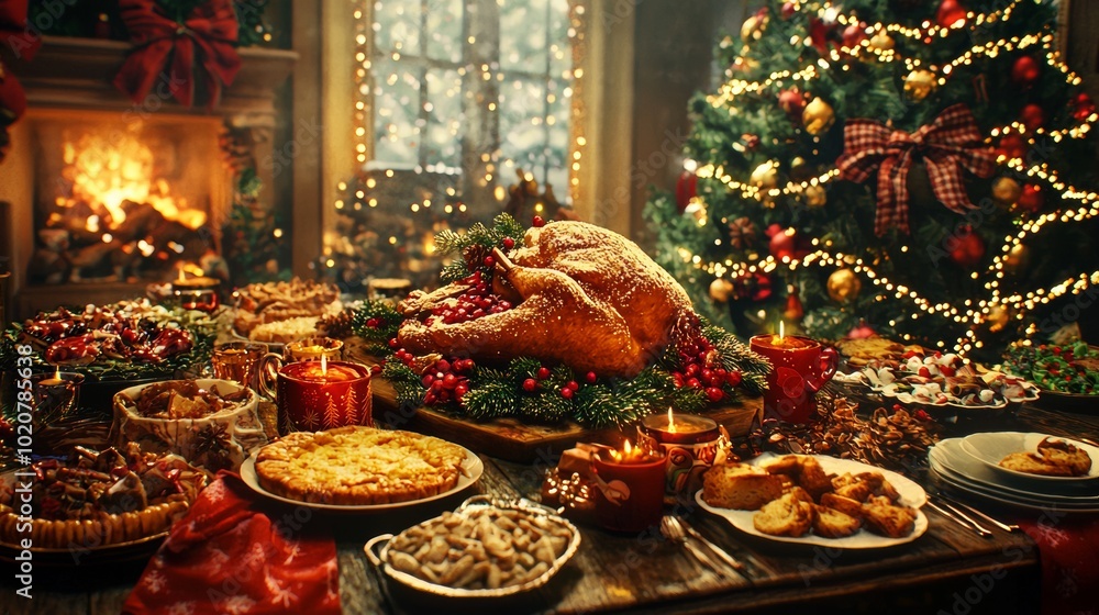 Christmas dinner with roasted turkey and holiday lights Christmas dinner with roasted turkey and holiday lights