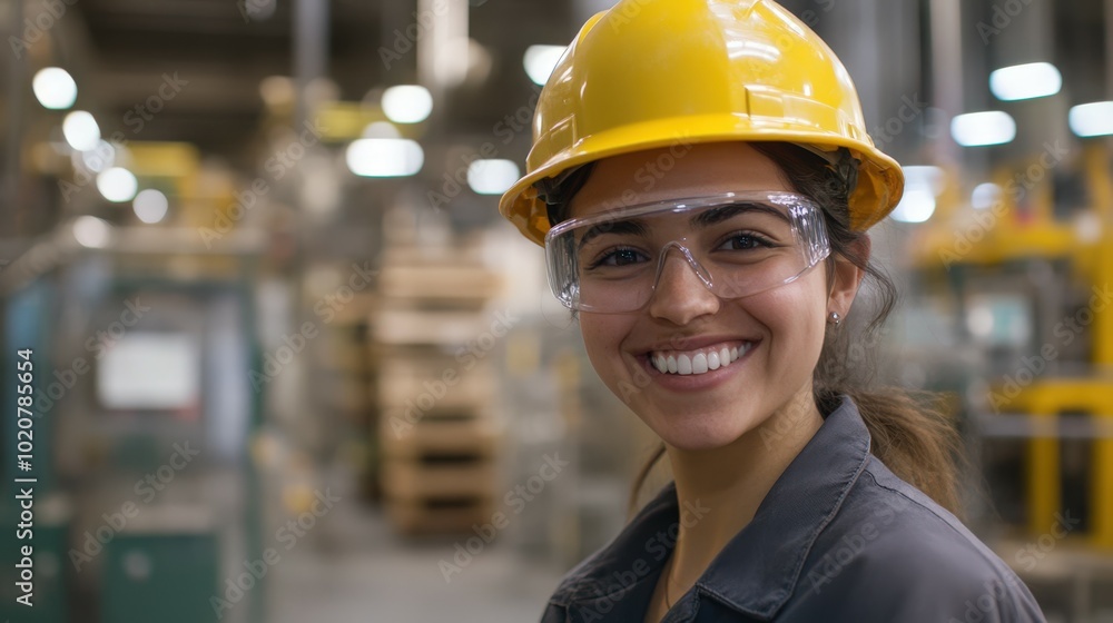 smiling woman in hard hat and safety glasses in industrial warehouse smiling woman in hard hat and safety glasses in industrial warehouse