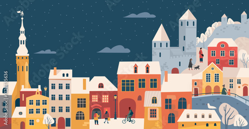 Christmas city panorama with happy people walking on the street on winter holidays. European Old town at Xmas eve with cozy buildings. Tallinn snowy cityscape. Flat vector illustration