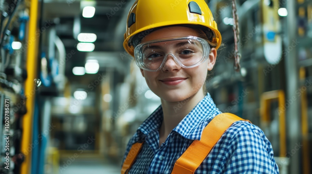 smiling worker in hard hat and safety glasses smiling worker in hard hat and safety glasses
