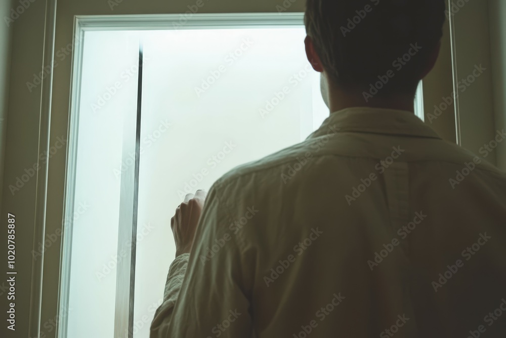 person looking out window person looking out window