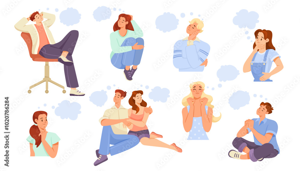 Man and Woman Character Dreaming with Cumulus Cloud Imagining Vector Illustration Set Man and Woman Character Dreaming with Cumulus Cloud Imagining Vector Illustration Set