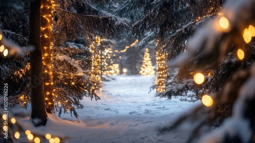 A snowy forest with twinkling Christmas lights and festive decorations, symbolizing the happiness and fresh starts of the holiday season.