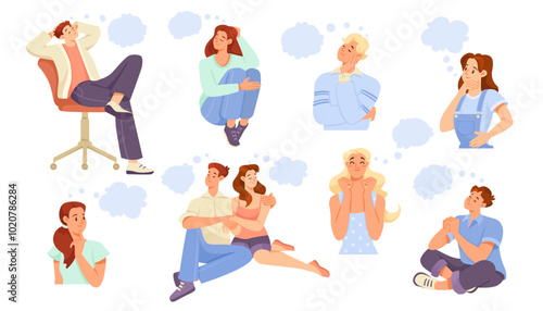 Man and Woman Character Dreaming with Cumulus Cloud Imagining Vector Illustration Set