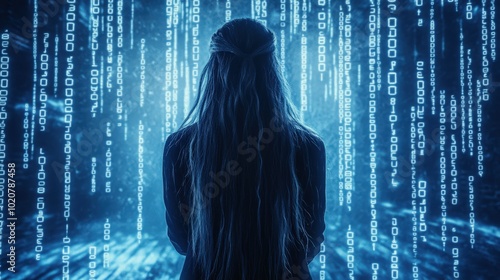 Silhouette of person in front of digital code