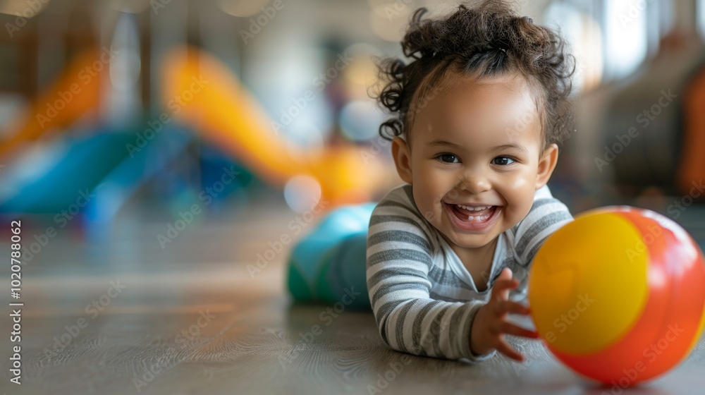 Fototapeta premium A smiling baby holding a yellow ball