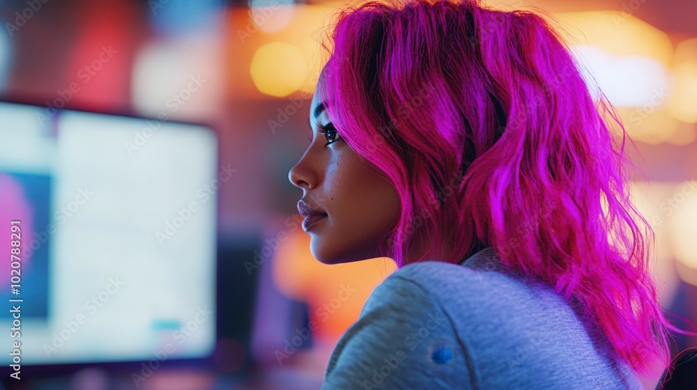 woman with vibrant pink hair looking at computer screen woman with vibrant pink hair looking at computer screen