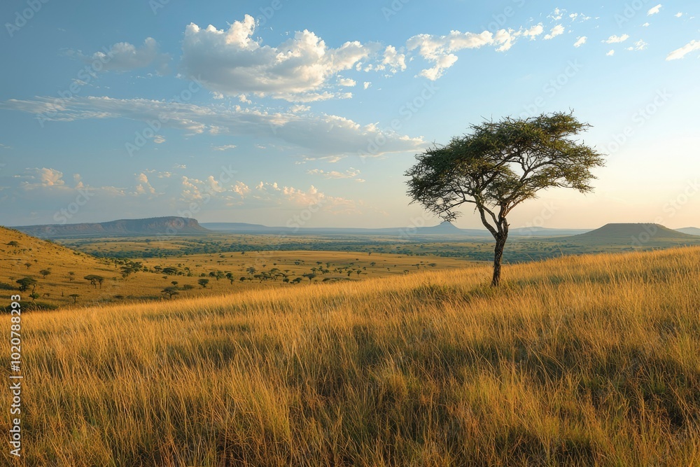 A Lone Tree Stands on a Grassy Hilltop Overlooking a Savanna Landscape A Lone Tree Stands on a Grassy Hilltop Overlooking a Savanna Landscape