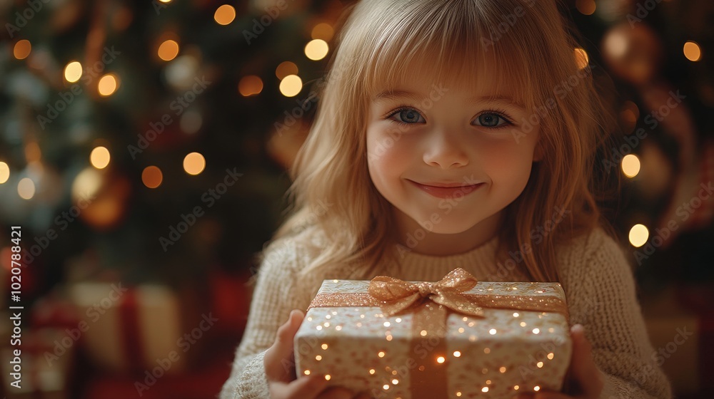 A joyful girl unwraps a shiny gift during a festive Christmas celebration at home A joyful girl unwraps a shiny gift during a festive Christmas celebration at home