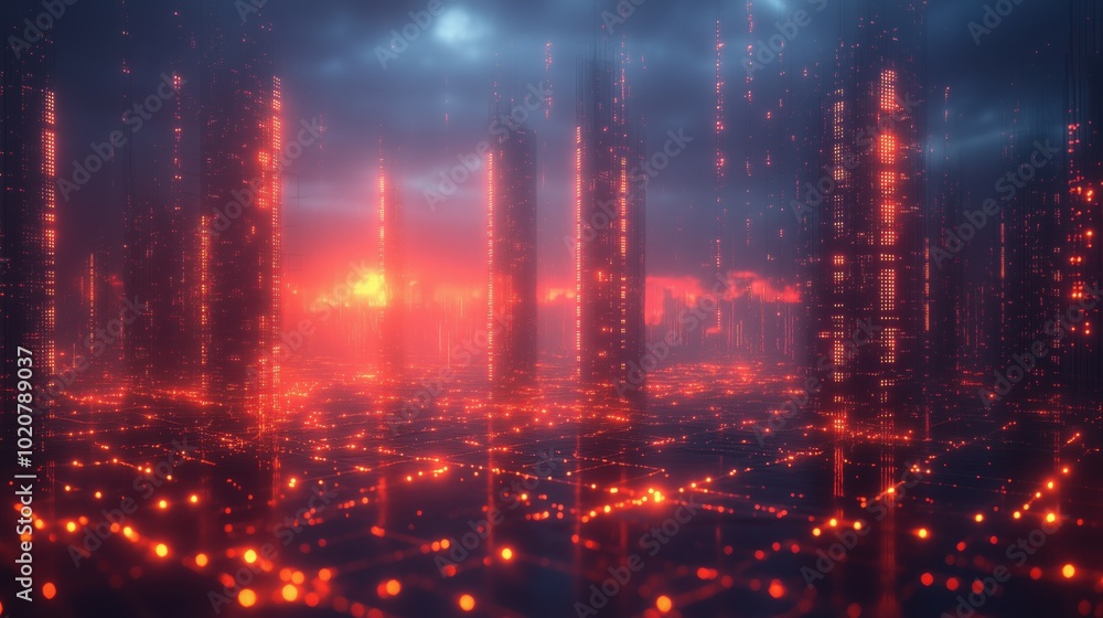 Futuristic cityscape at sunset with glowing red data lines, creating a sci-fi digital atmosphere. Futuristic cityscape at sunset with glowing red data lines, creating a sci-fi digital atmosphere.