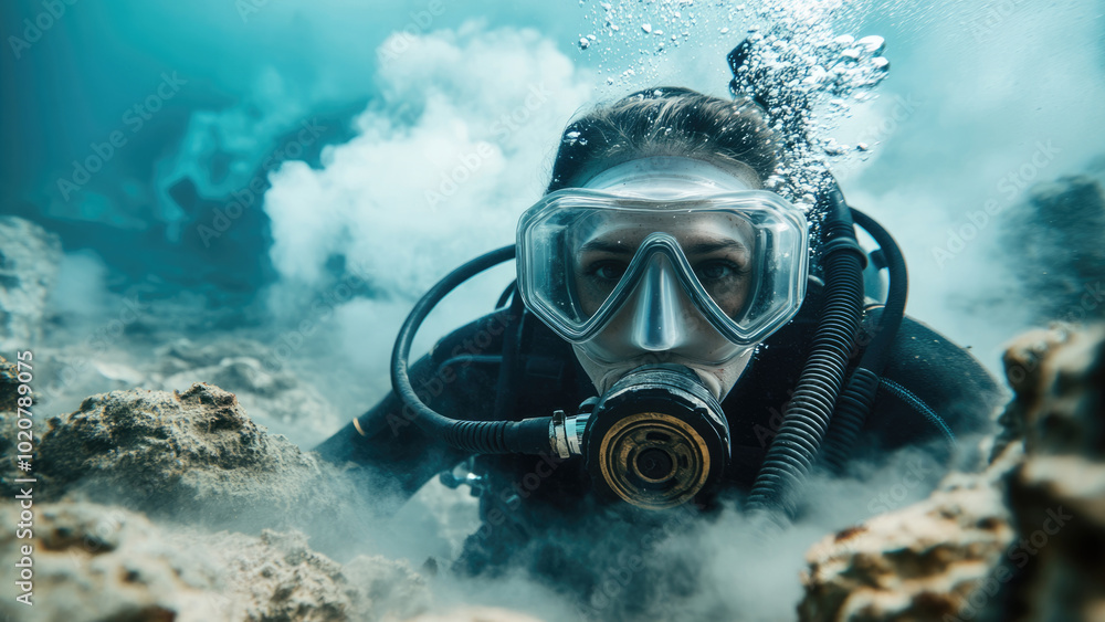 Diver exploring an underwater wreck site Diver exploring an underwater wreck site