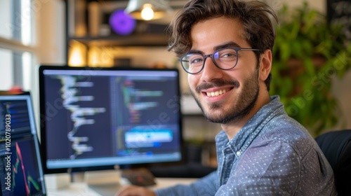 A man wearing glasses is smiling and sitting in front of two computer monitors