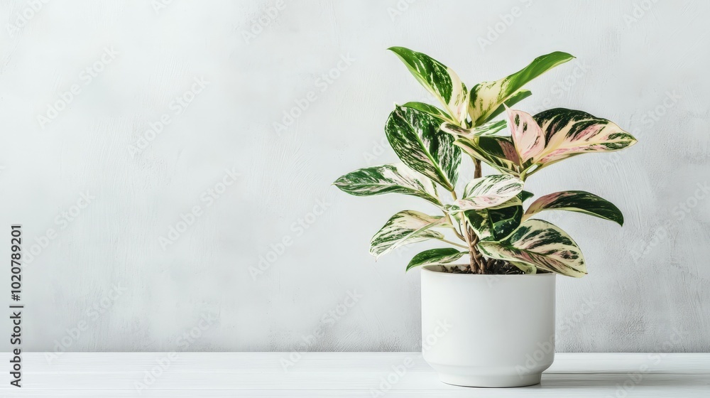 Vibrant tropical plant in white pot Vibrant tropical plant in white pot