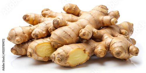Fresh ginger root on white background