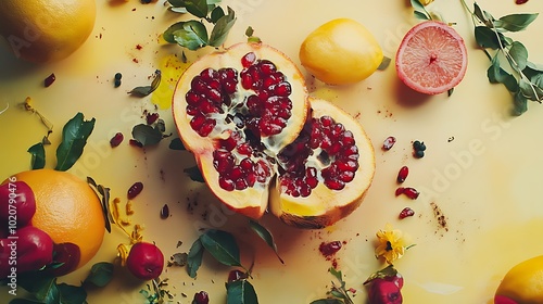 A Still Life with Pomegranate, Citrus Fruits, and Greenery photo