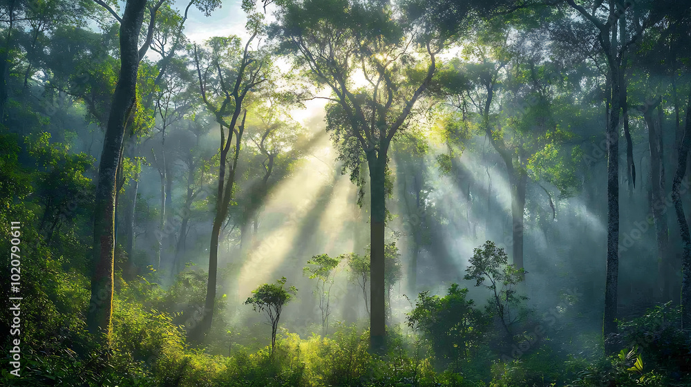 Fototapeta premium lush green forest landscape in the morning mist, with tall trees and sunlight filtering through the canopy