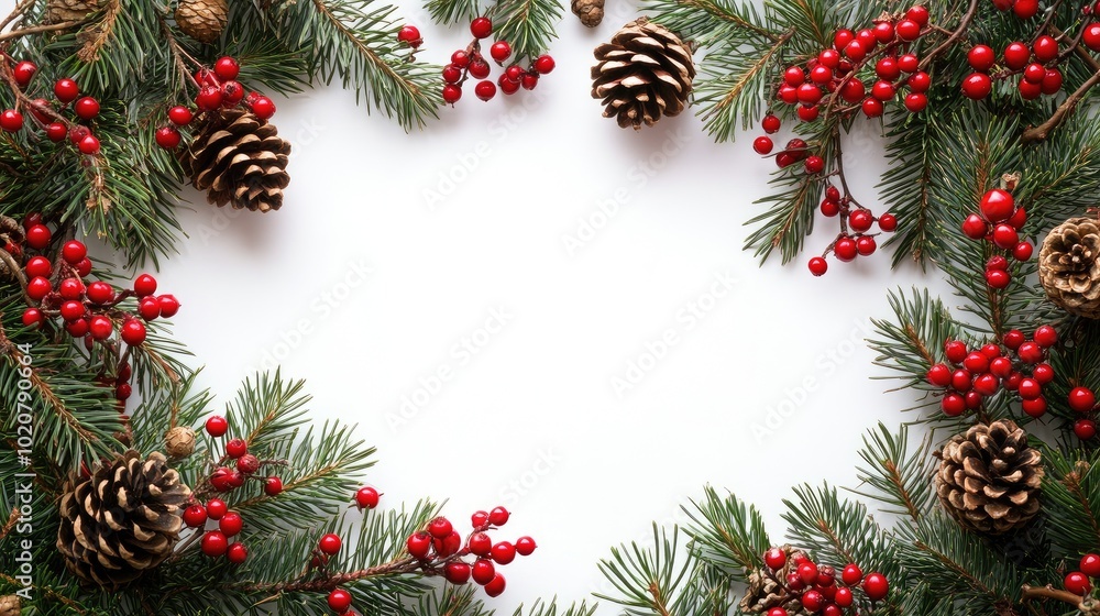 Christmas border with bright red berries and pine cones framing a blank copy space on a white surface. Ideal for holiday greetings or festive promotions. Christmas border with bright red berries and pine cones framing a blank copy space on a white surface. Ideal for holiday greetings or festive promotions.