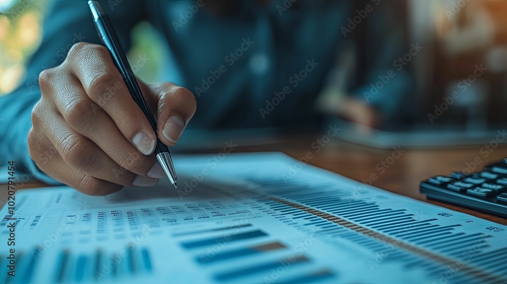 Hand Holding Pen Over a Spreadsheet of Financial Data Hand Holding Pen Over a Spreadsheet of Financial Data