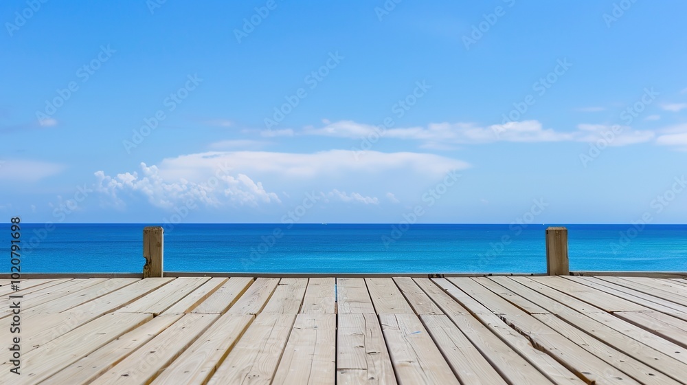 Fototapeta premium Calm sea horizon view from a weathered wooden platform, evoking tranquility