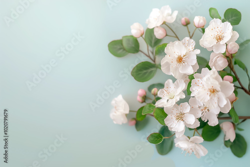 Delicate blossoms bloom with elegance against a pastel background, showcasing their intricate petals and vibrant green leaves, evoking a sense of tranquility and freshness