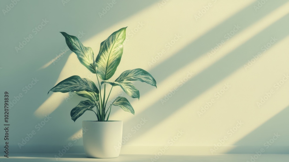 Lush tropical plant in modern white pot with sunlight Lush tropical plant in modern white pot with sunlight