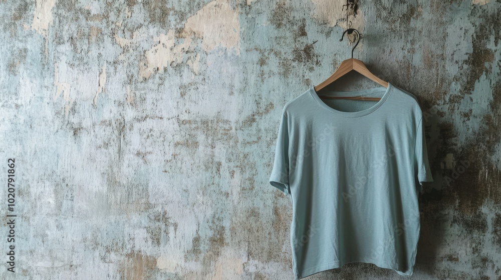 Naklejka premium Vintage style t-shirt hanging on wooden hanger