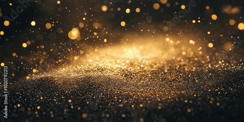 Golden sand glowing and falling on the black background. Luxury background and wallpaper, decorative awards, events and celebrations banner.