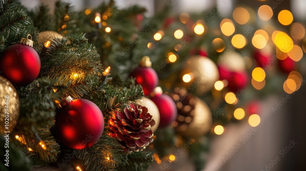 Obraz premium Festive Christmas garlands with glowing lights and ornaments, symbolizing happiness and new beginnings in the holiday season.