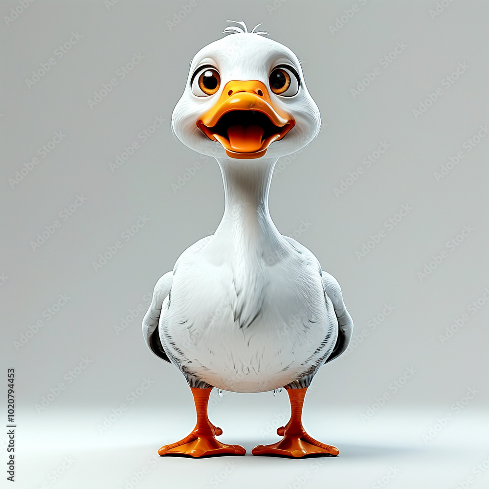 A whimsical animated goose stands joyfully with a wide grin, radiating happiness A whimsical animated goose stands joyfully with a wide grin, radiating happiness