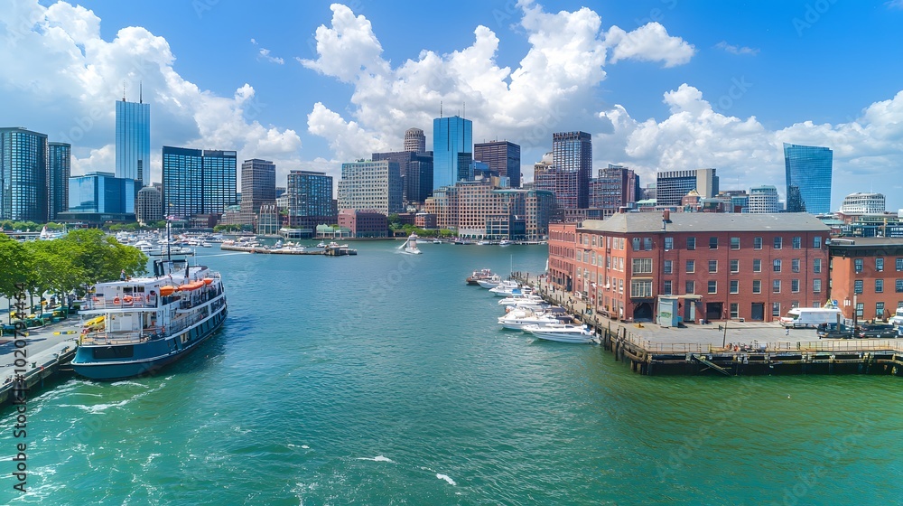 Fototapeta premium Vibrant cityscape of Boston waterfront with boats and blue sky.