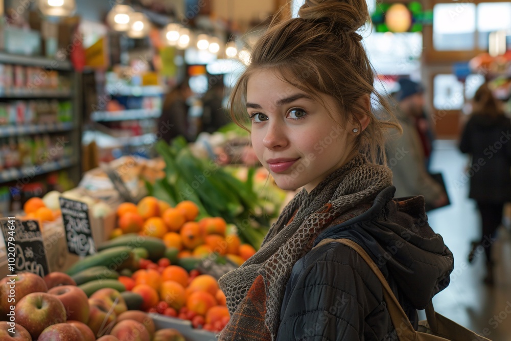A young woman stands amidst a colorful display of fresh fruits and vegetables at a bustling market, engaging with her surroundings, while shoppers explore nearby stalls A young woman stands amidst a colorful display of fresh fruits and vegetables at a bustling market, engaging with her surroundings, while shoppers explore nearby stalls