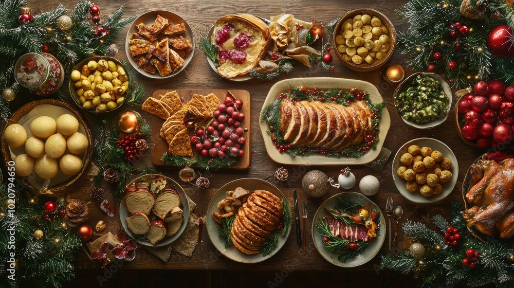 Traditional holiday feast with assorted Christmas dishes Traditional holiday feast with assorted Christmas dishes