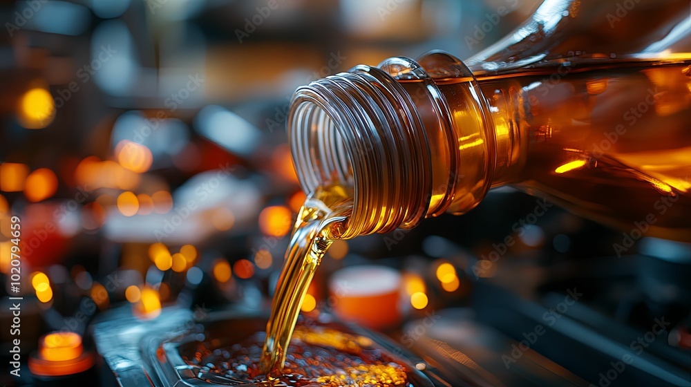 Pouring Engine Oil from a Bottle into a Car Engine Pouring Engine Oil from a Bottle into a Car Engine