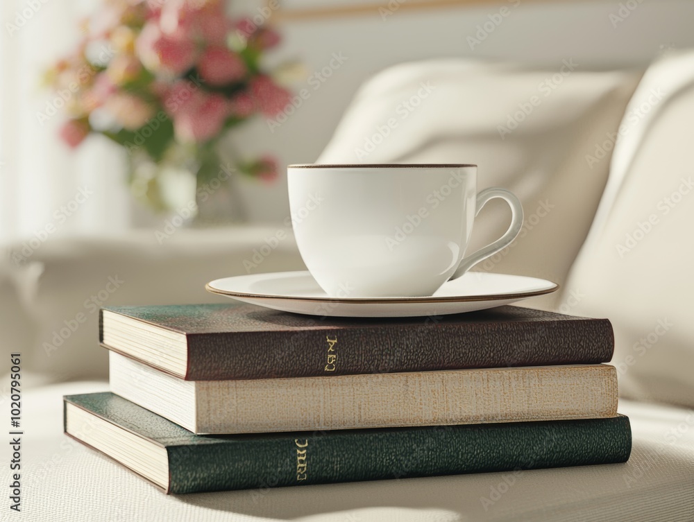 Cozy Stack of Books with Coffee Cup for Reading Moments Cozy Stack of Books with Coffee Cup for Reading Moments