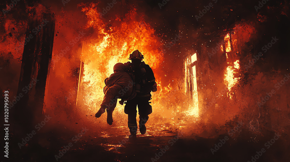 Fototapeta premium A firefighter rescuing a victim from a burning building amidst intense flames and smoke, showcasing bravery in a life-threatening situation.