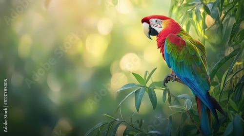 Colorful parrot perched on branch in tropical foliage