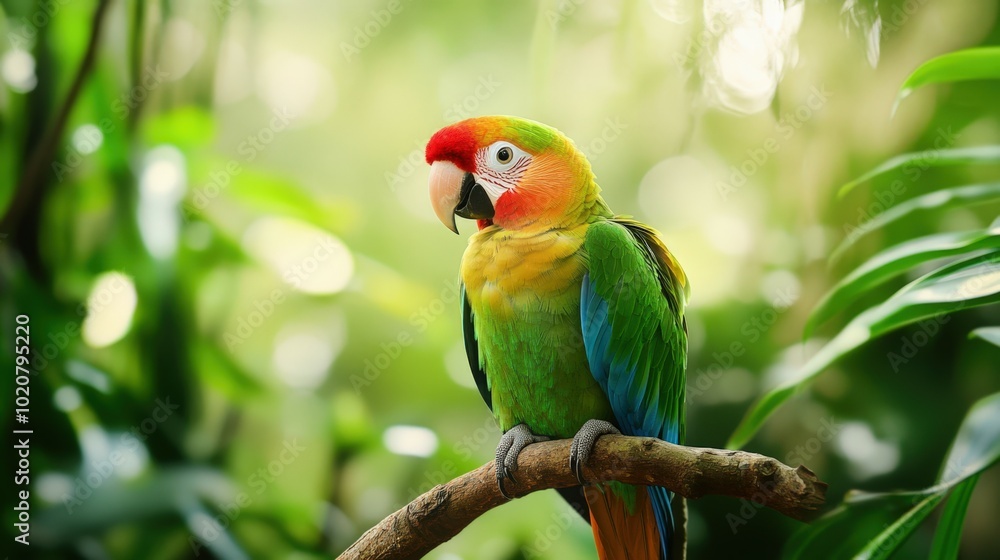 Vibrant parrot perched on branch in lush greenery Vibrant parrot perched on branch in lush greenery