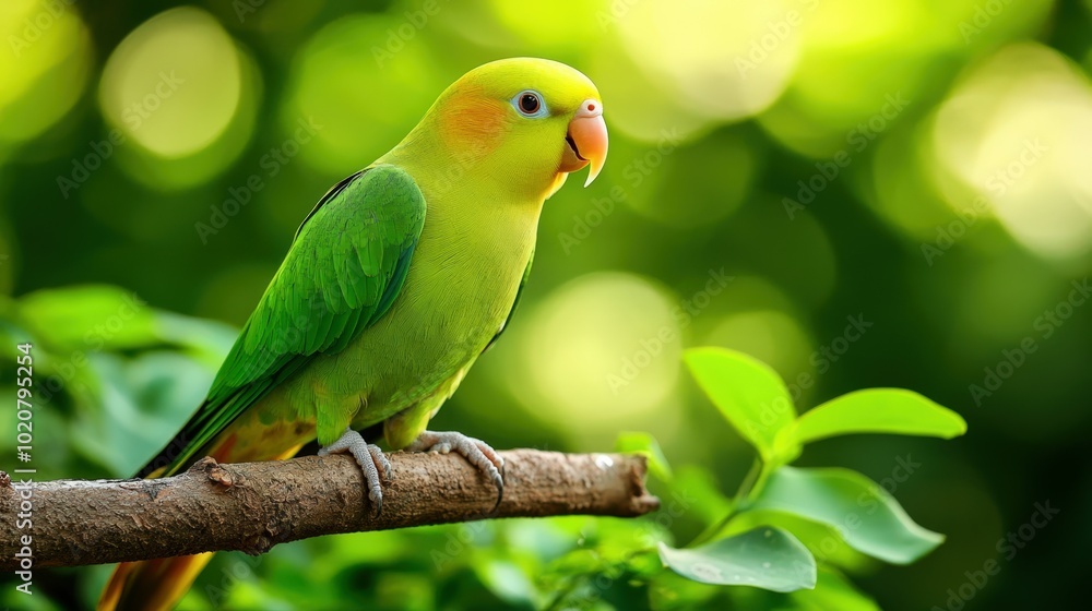 Fototapeta premium Vibrant green parrot perched on tree branch