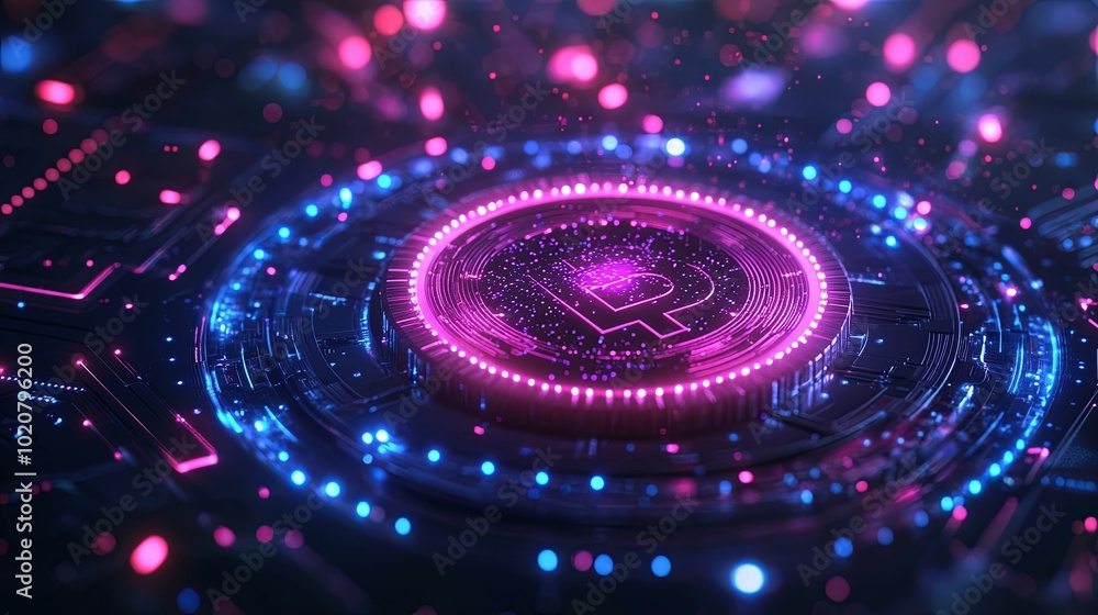 A glowing pink and blue digital coin symbol on a futuristic circuit board. A glowing pink and blue digital coin symbol on a futuristic circuit board.