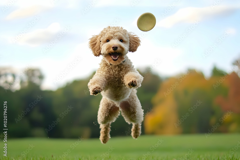photo of golden labradoodle jumping to grab a frizbe photo of golden labradoodle jumping to grab a frizbe