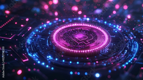 A glowing pink and blue digital coin symbol on a futuristic circuit board.